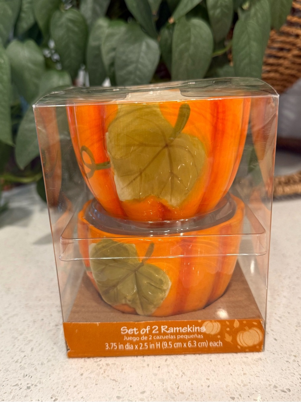 Set of 2 Orange Pumpkin Ramekins with Leaf Accent